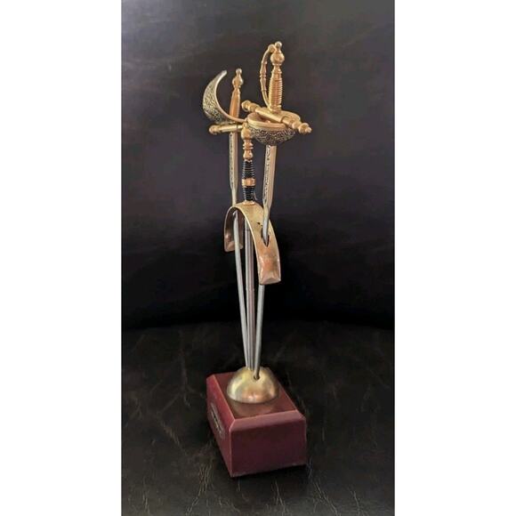 Vintage TOLEDO Spanish Damascene 2 Small Sword Cocktail Picks with Stand - Picture 2 of 11